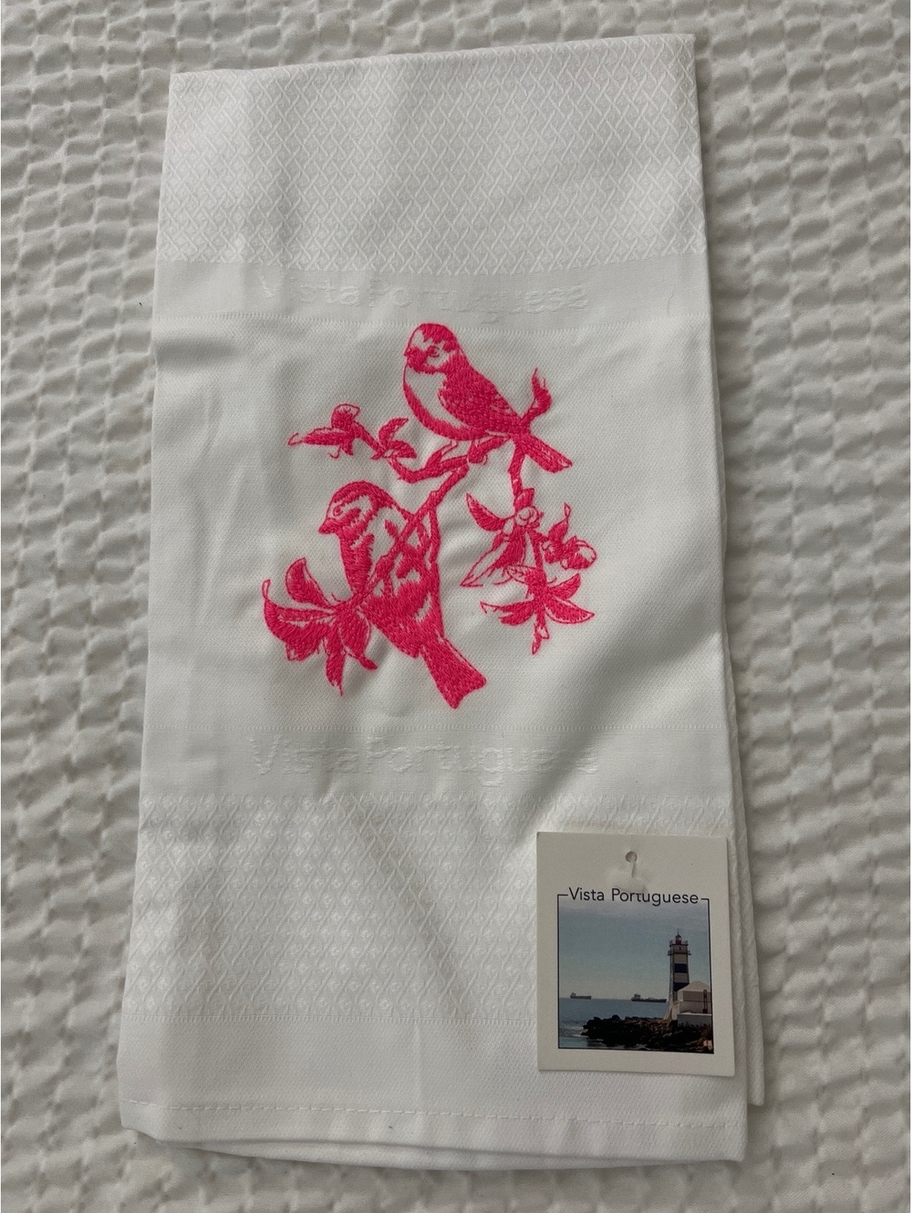 Vista Portuguese White Dish Towel with Pink Bird Embroidery